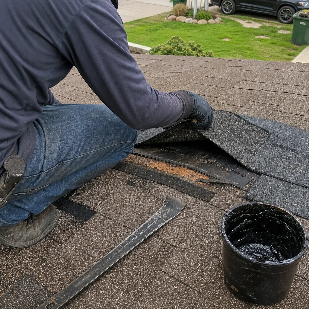 A roofing contractor performing shingle repair on a residential roof.