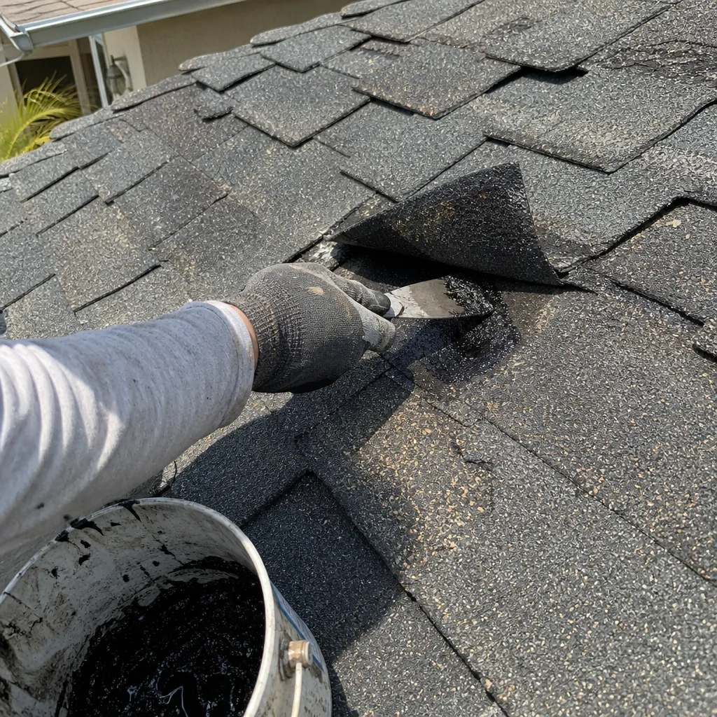 Contractor applying sealant to shingles during a professional roof repair