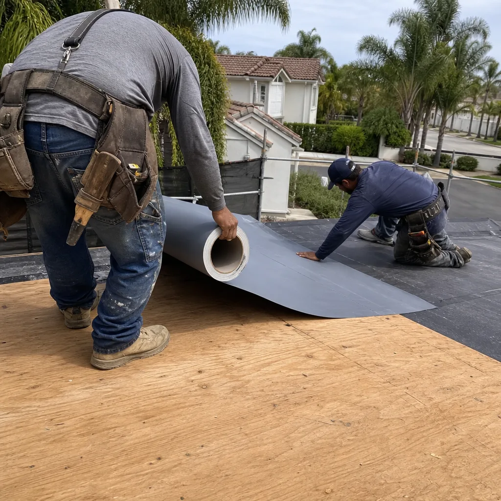 Two professional roofers installing a new roofing membrane on a roof