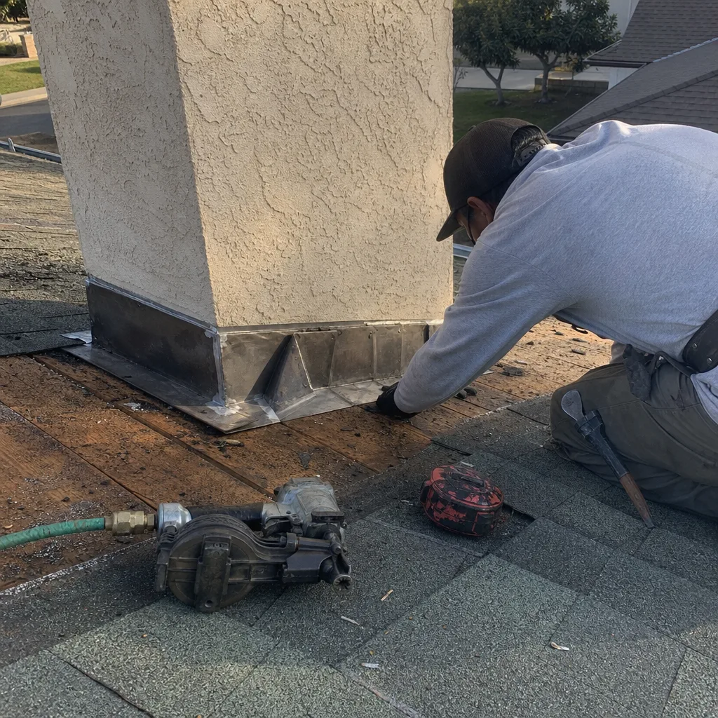 Roofing contractor repairing metal flashing around a chimney on a sloped roof.